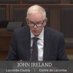 Lacombe County Reeve Mayor John Ireland addressing the House of Commons Standing Committee on Agriculture and Agri-Foods on Thursday. He and Lacombe Mayor Thalia Hibbs urged the federal government to reverse a decision to close Lacombe Research and Development Centre. (Image contributed)