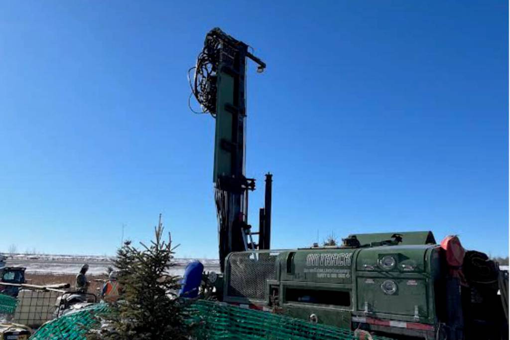 A photo taken by a member of the Save Maskepetoon Park and Wetlands group of exploratory drilling for the proposed Highway 2 widening taking place near the park last month. (Photo contributed)